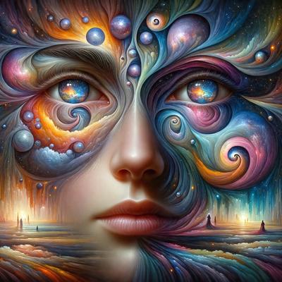 The primary subject of the image is a woman's face, which is the main focus of the image. The setting is a colorful and artistic environment, with a backdrop of swirling colors and patterns. The visual style is a combination of digital art and illustration, creating a vibrant and dynamic scene. The colors and mood of the image are lively and energetic, with a strong emphasis on the woman's face and the surrounding artistic elements.